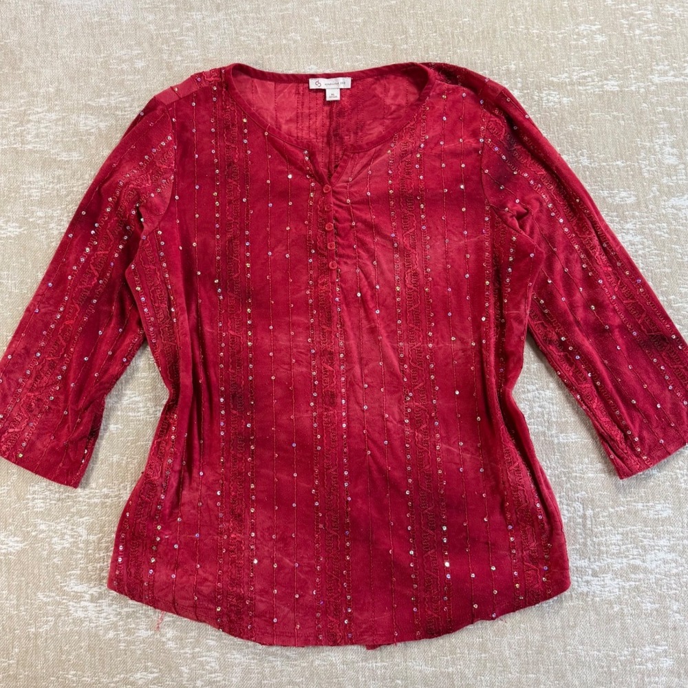 Christopher & Banks Sequin Top Womens XL Red Y2K Holiday